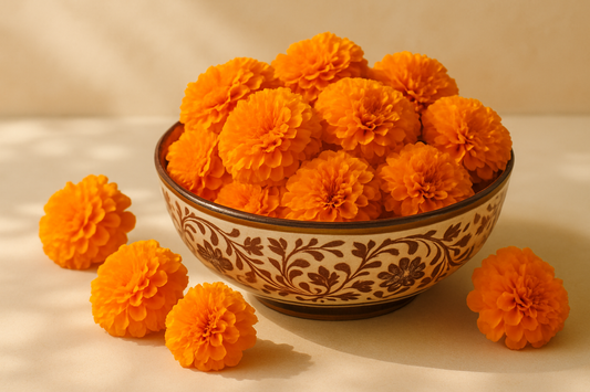 A decorative bowl filled with vibrant marigold orange flowers, with some flowers spilling gently outside the bowl onto the surface. Bright, fresh, festive arrangement with natural lighting, soft shadows, and a warm, inviting atmosphere.