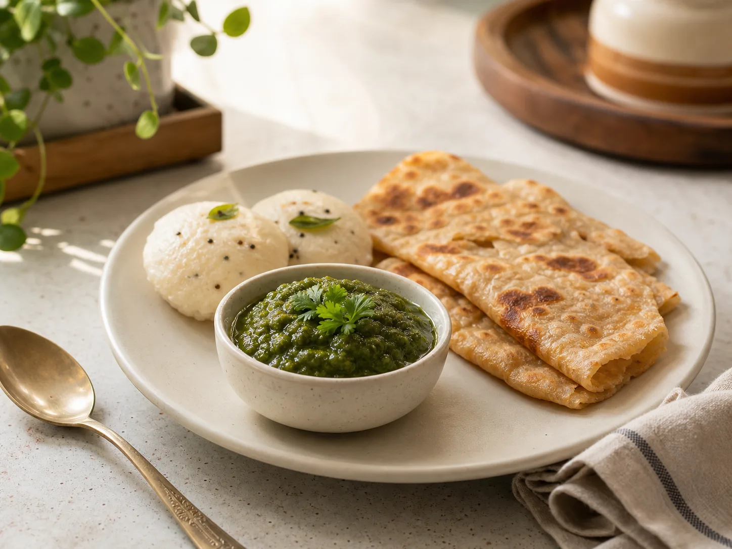 Illustrative condiment bowl with Indian meal accompaniments