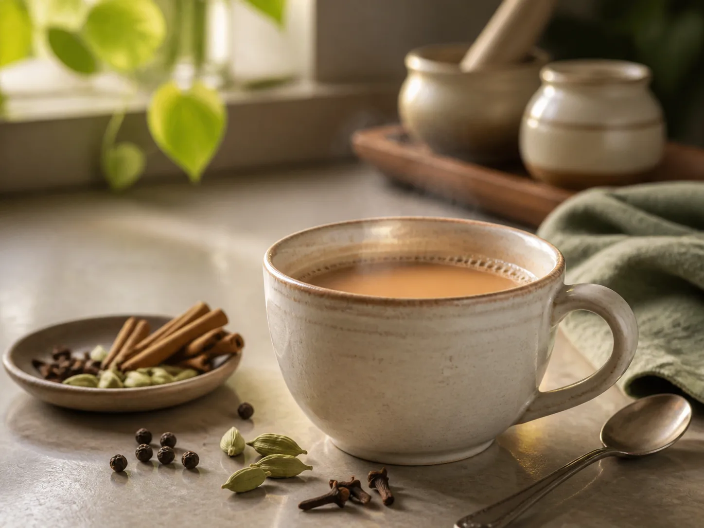 Illustrative cup of spiced tea with whole spices