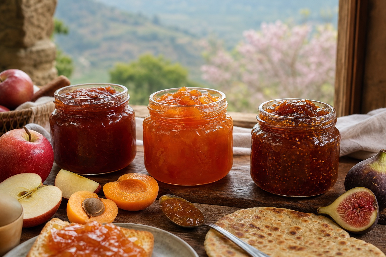 Fruit preserve jars and sliced fruit on a Himalayan kitchen table
