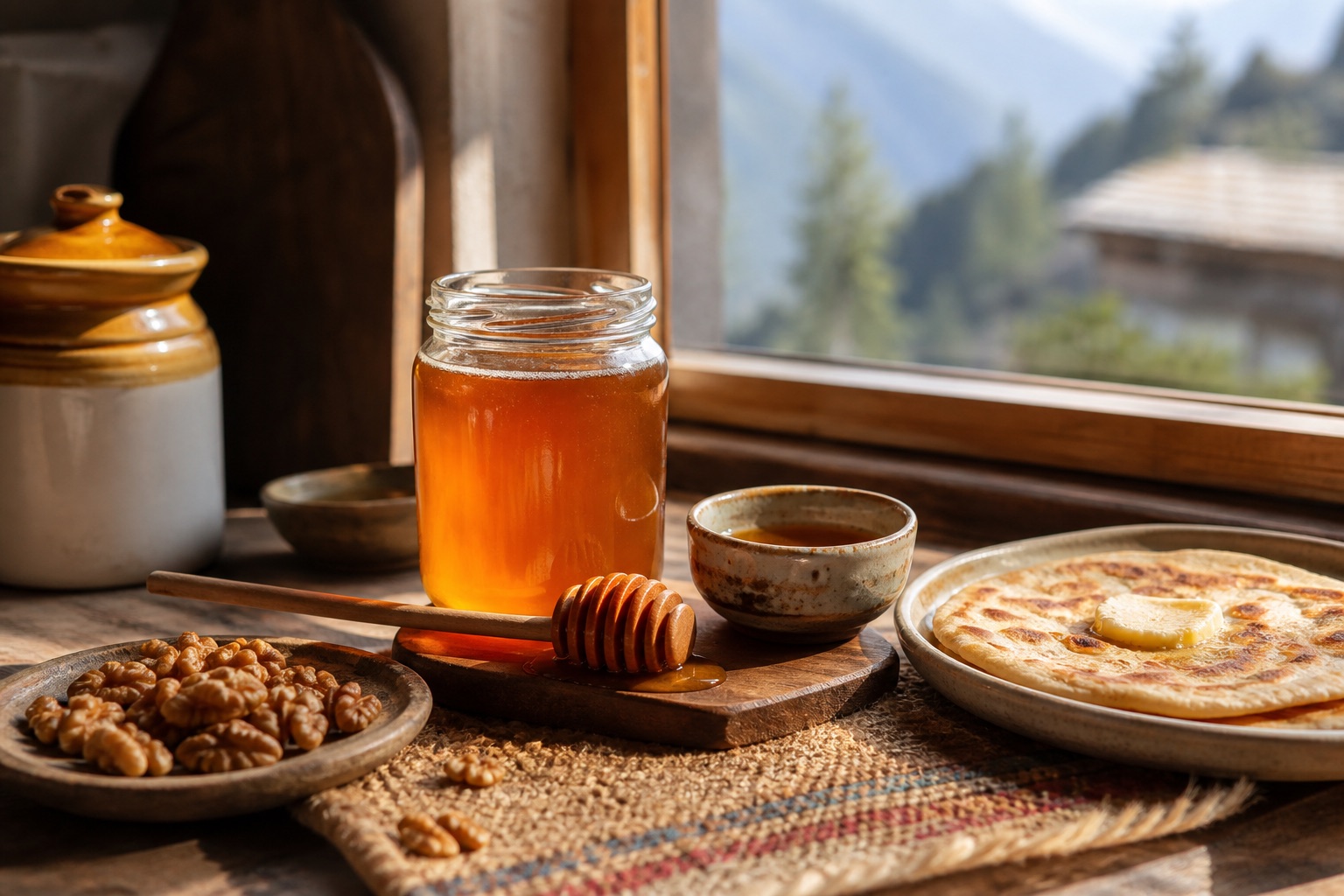 Honey jar, walnuts and flatbread on a Himachal-style kitchen table