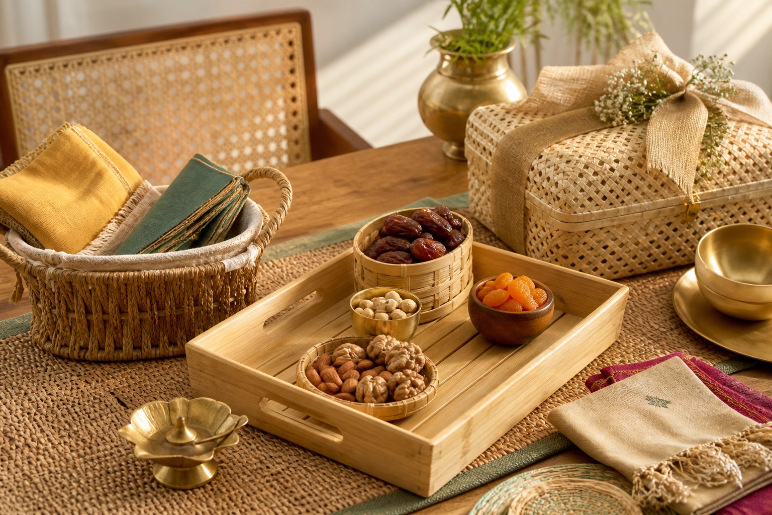 Bamboo tray, basket and pantry gift table with Indian home textures