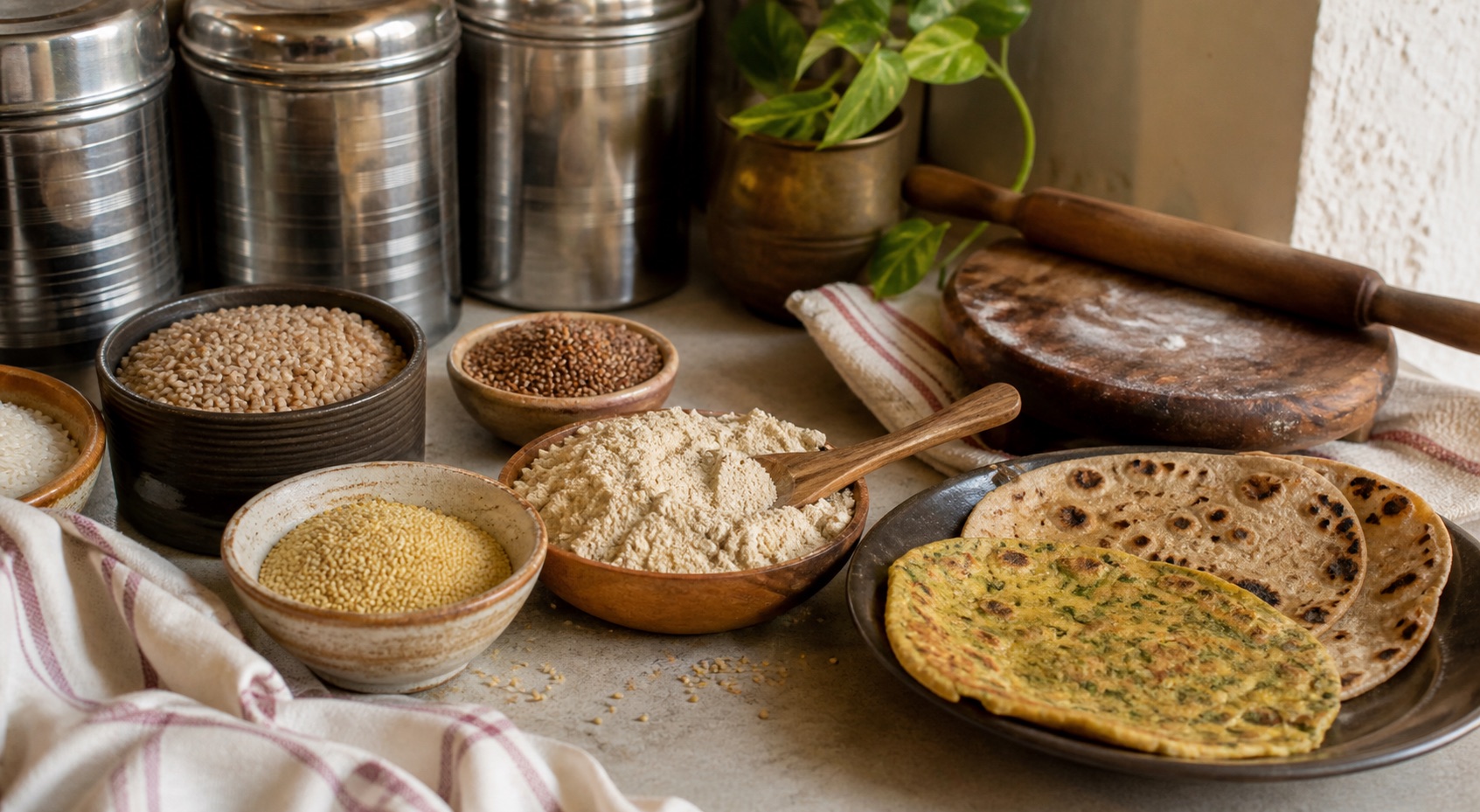 Indian grains, flour and flatbreads on a warm kitchen counter