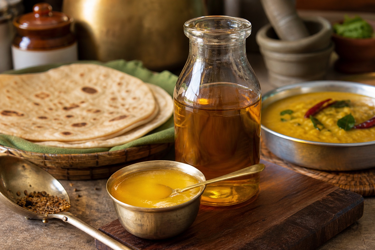 Ghee, cooking oil, dal and rotis on an Indian kitchen counter