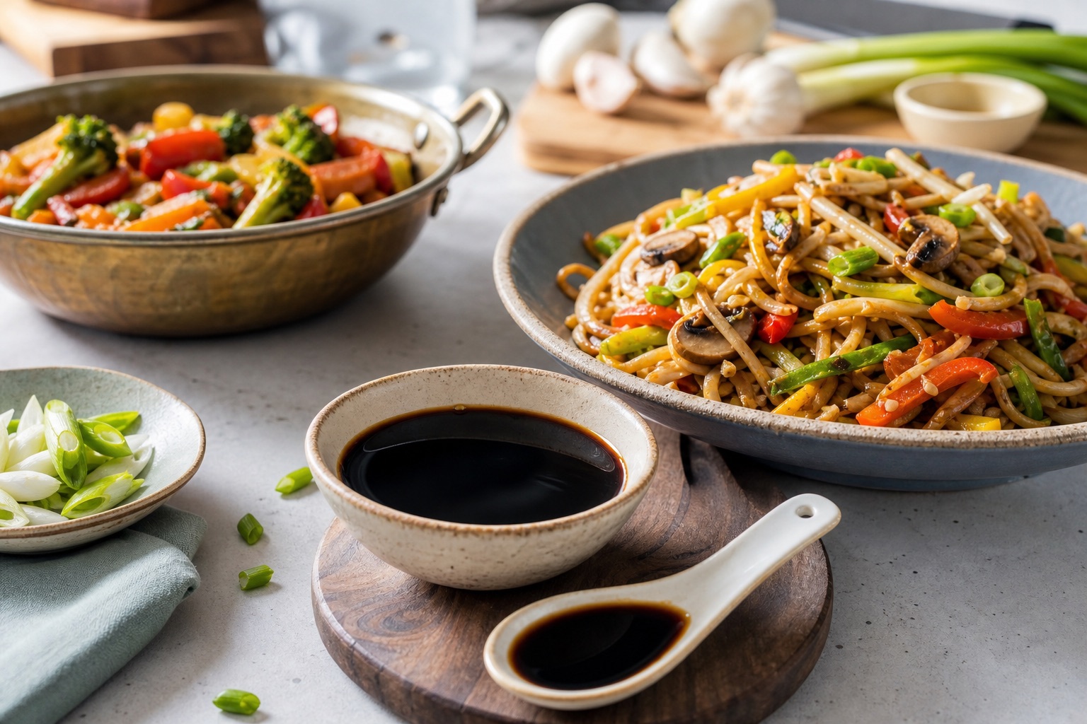 Sauce bowl with noodles and stir-fried vegetables on a kitchen table
