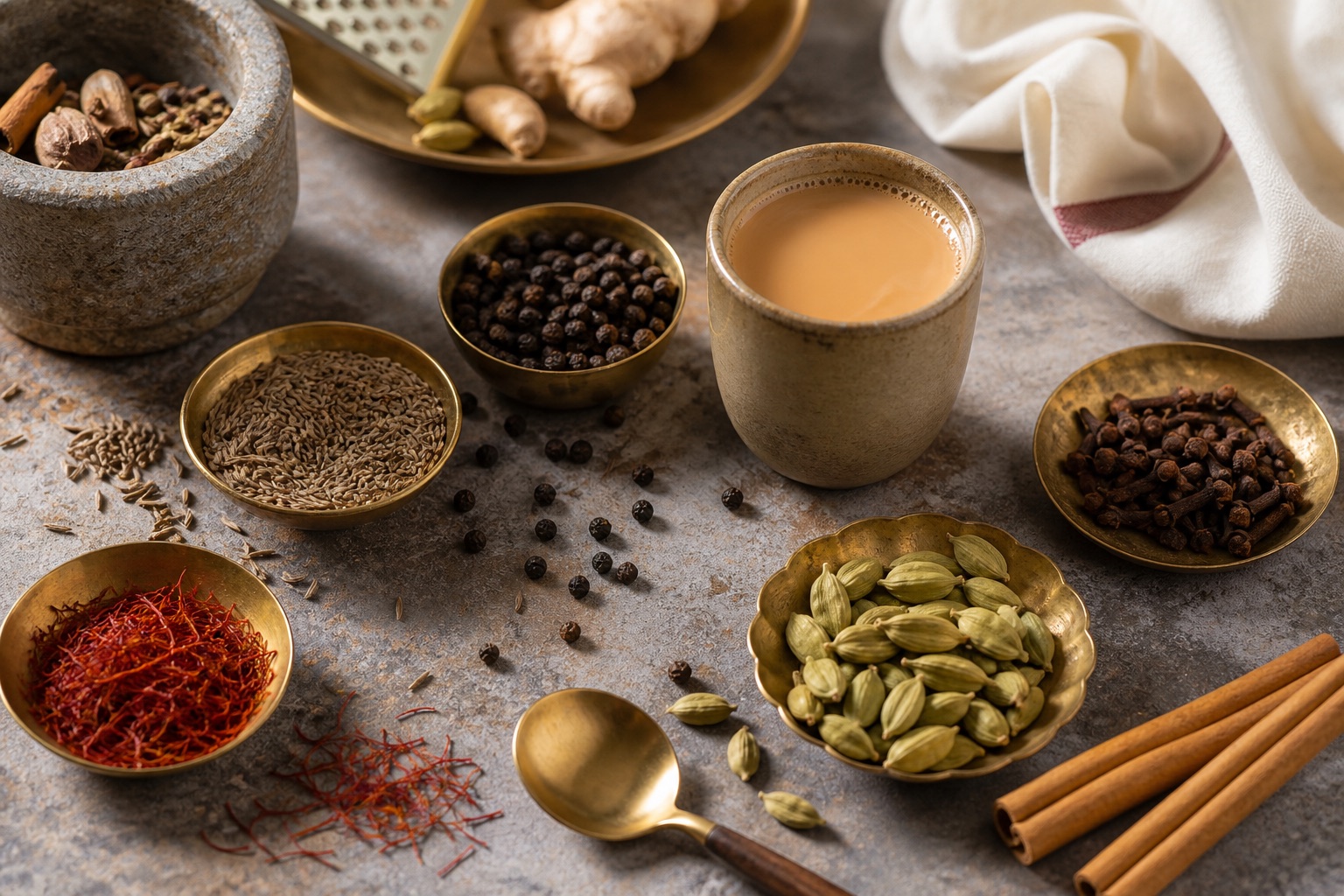 Indian spices, cardamom and chai arranged on a kitchen counter