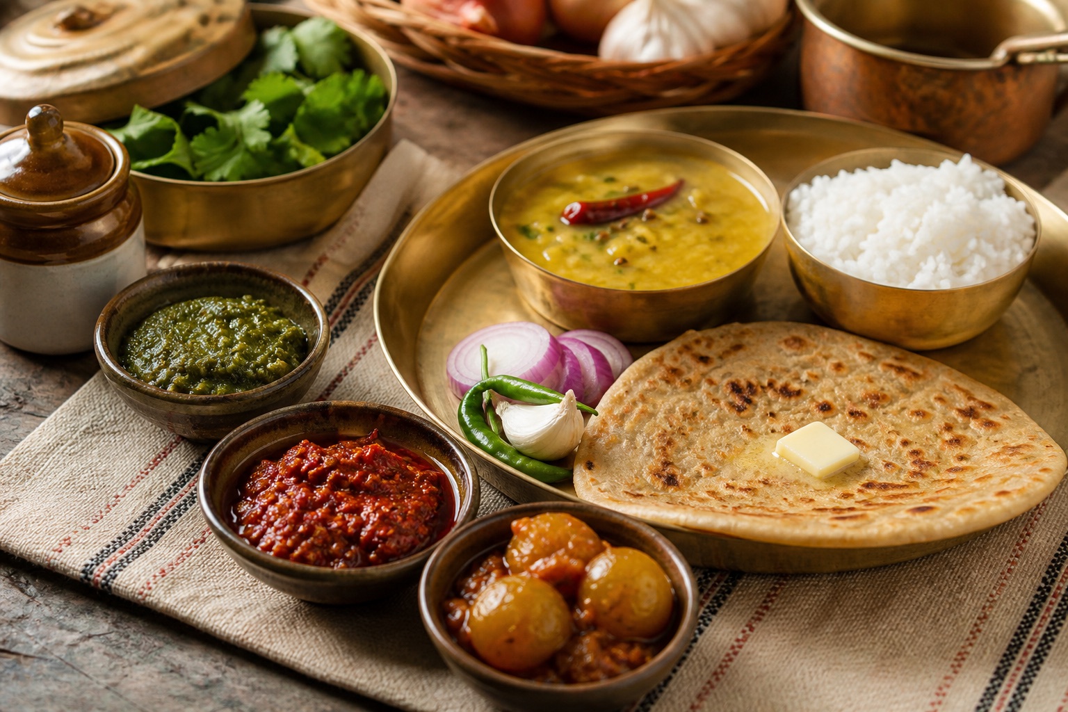 Pahadi pickle and chutney bowls beside paratha and dal-rice