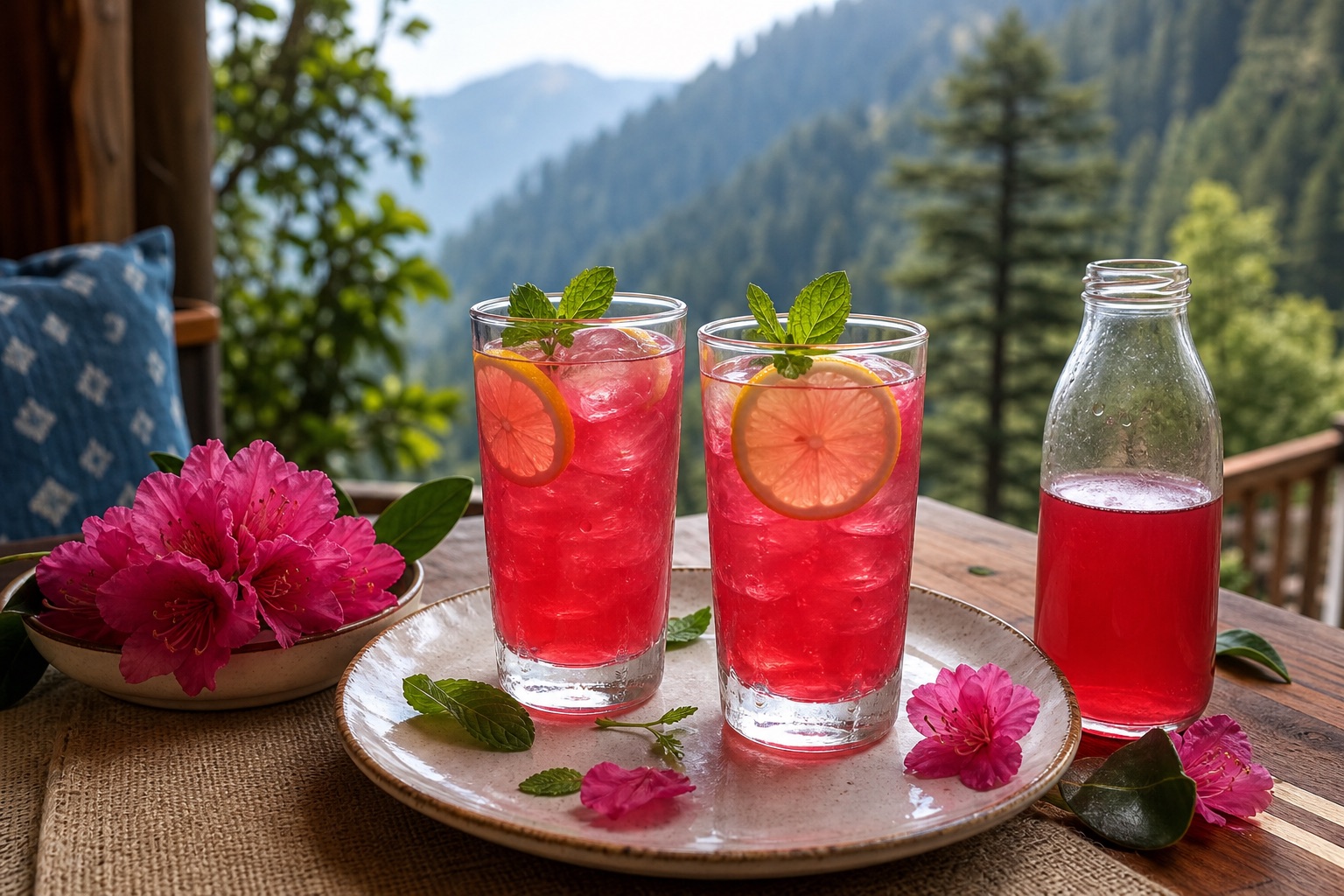 Pink rhododendron drinks on a mountain veranda table