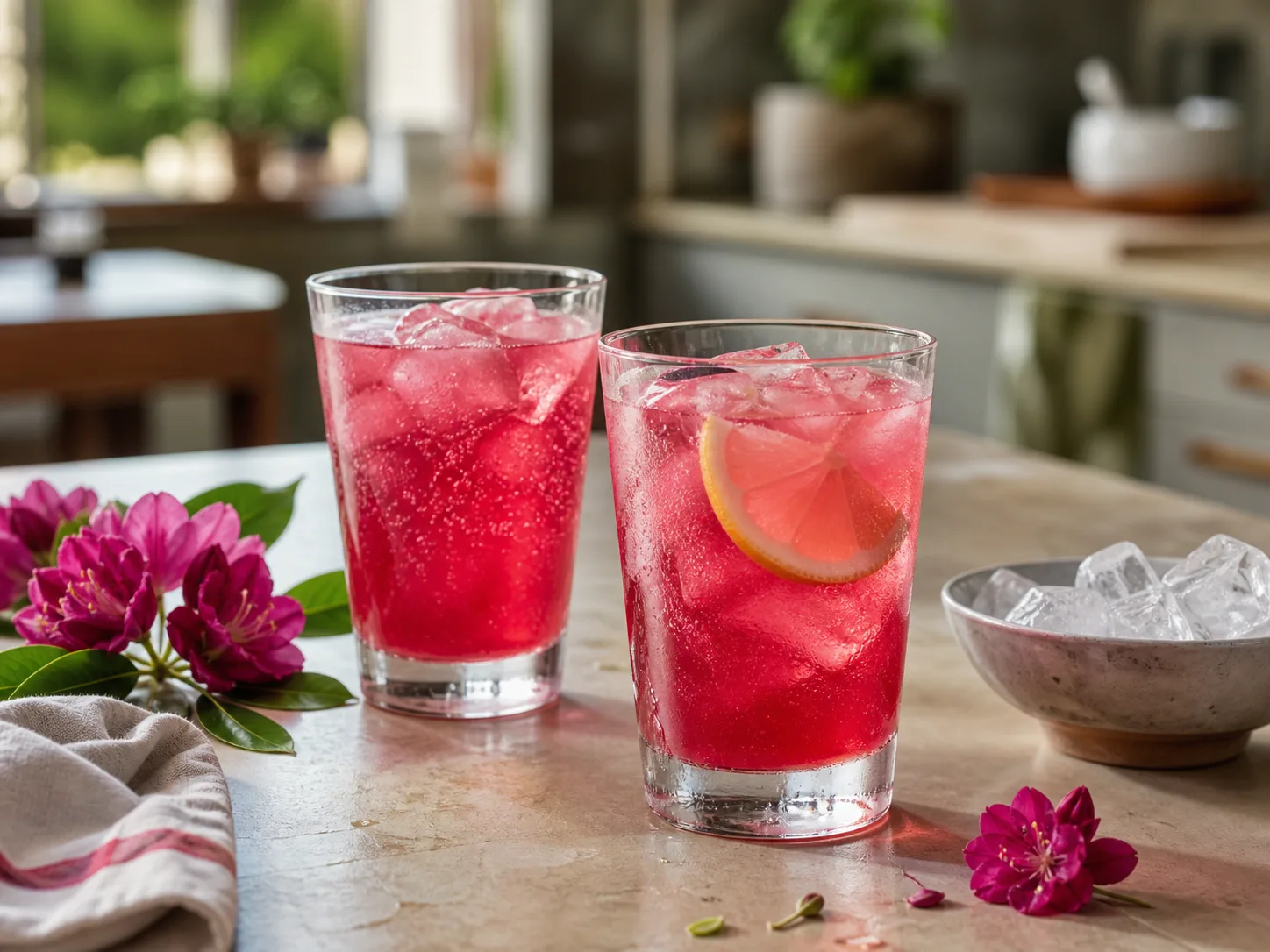 Two chilled deep pink summer drinks with ice and lemon on a kitchen table